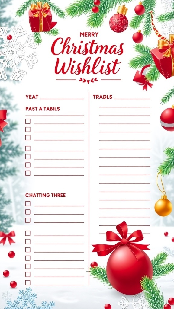 Printable Christmas wishlist template with festive decorations and sections for gift ideas.